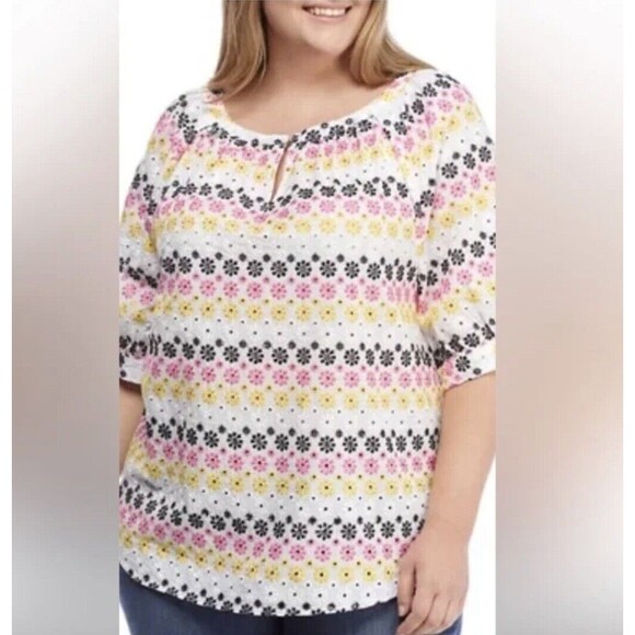 Ruby Rd Tops - NEW Ruby Rd Womens Multicolor Tropical Blouse Short Sleeve Ruched Side Size M